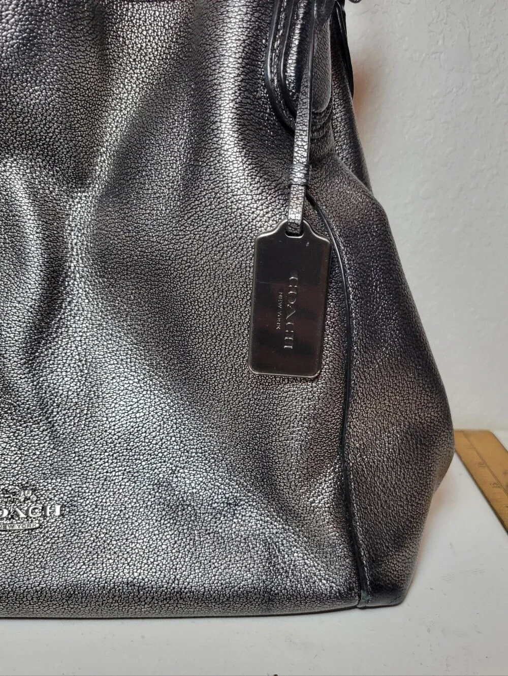 Coach Gunmetal Pebbled Shoulder Bag Silver Hardware Zip Magnetic Logo Charm